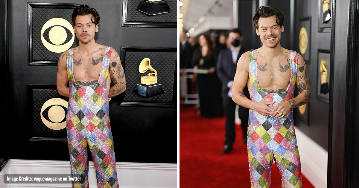 Harry Styles Hit the Grammys Red Carpet Wearing a Sparkly Rainbow Jumpsuit