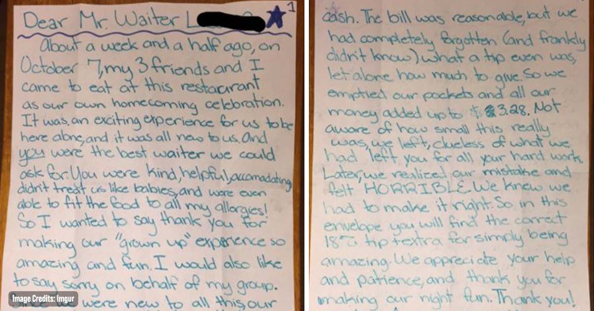 Waiter Got Frustrated After Customers Tipped Him Only $3.28, Received An Unexpected Letter Days Later