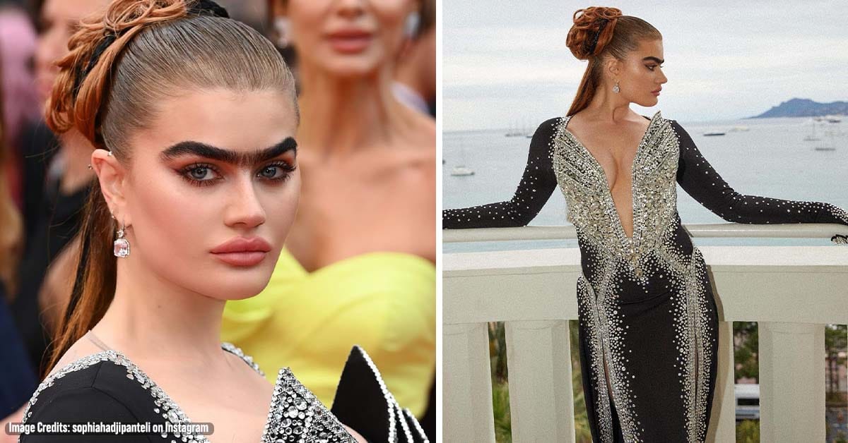 Unibrow Model Sophia Hadjipanteli Looks Sensational in Sequin Gown at Cannes